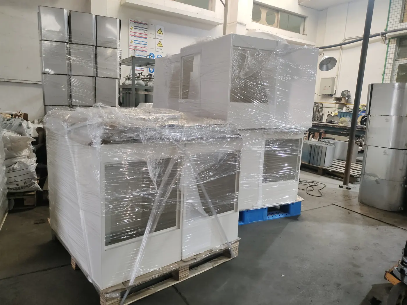 Powder-coated cabinet batches protected inside the factory