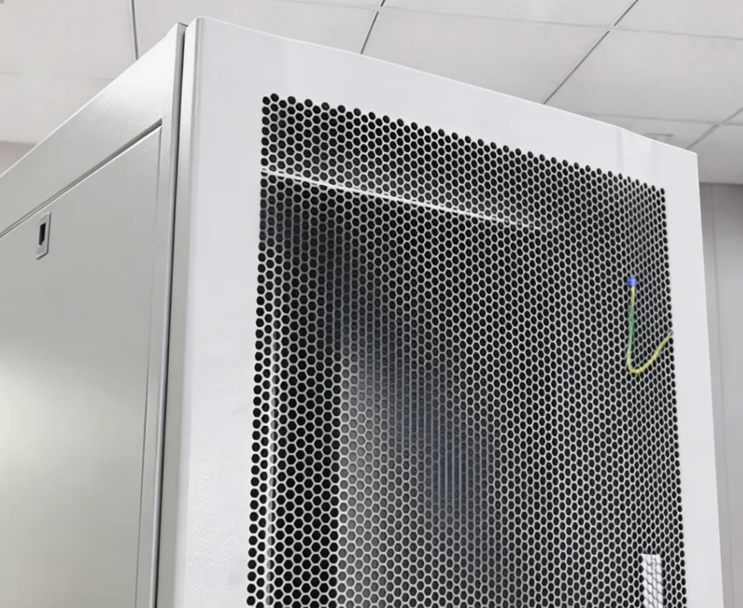 White 19-inch network rack cabinet with perforated rear door