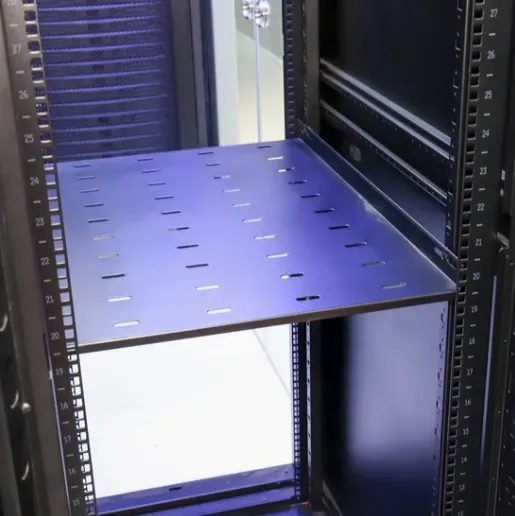Black 19 inch rack cabinet internal shelf and numbered mounting rails