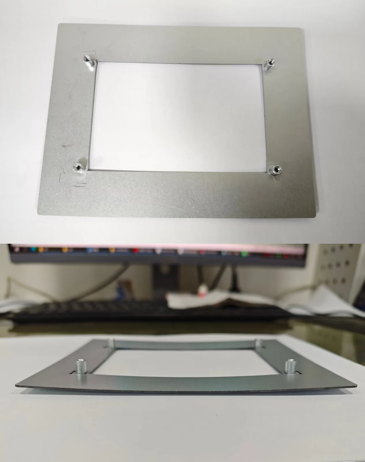 Stainless steel frame shown flat and standing on edge to reveal bowing and twist after welding