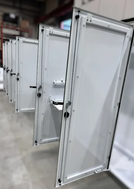 HVAC control box door panels with hinges lock positions and gasket channel for repeated assembly
