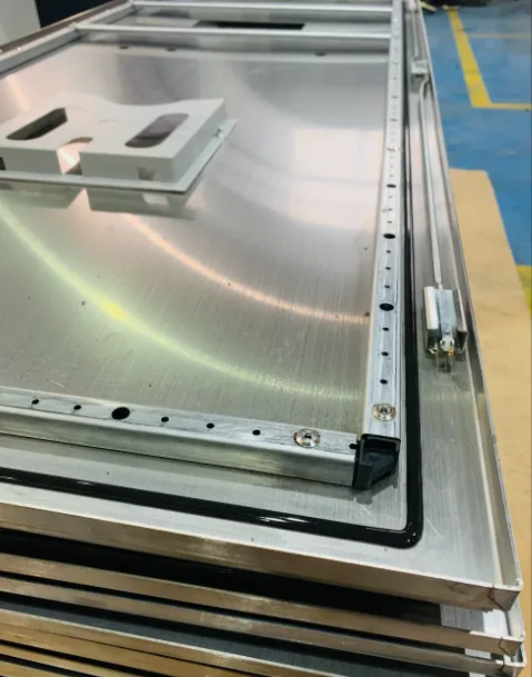 HVAC electrical enclosure detail showing gasket path rail mounting holes and cabinet panel edges