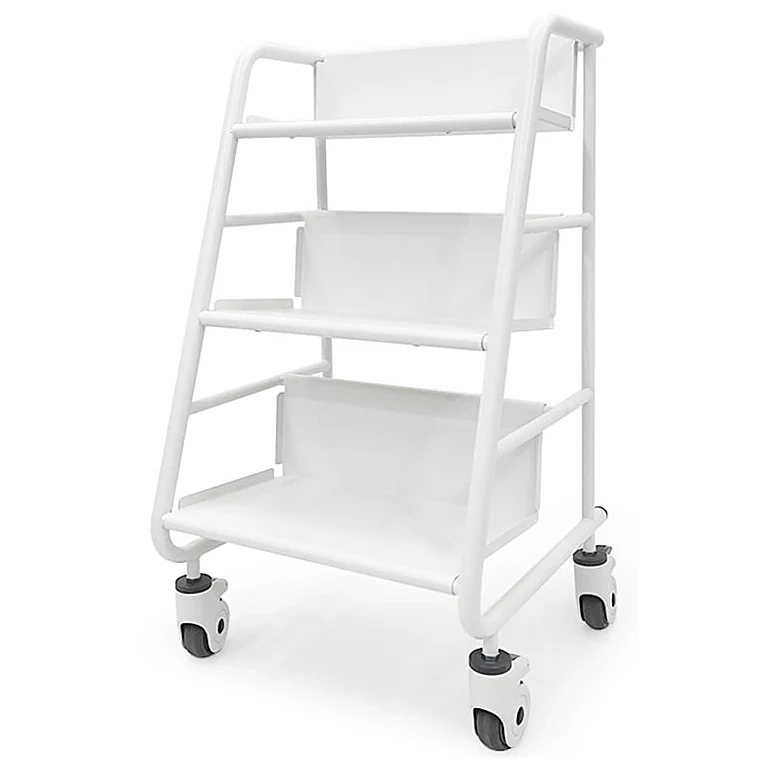 White powder coated steel three tier library book cart with swivel castors, made by Fulei Metal