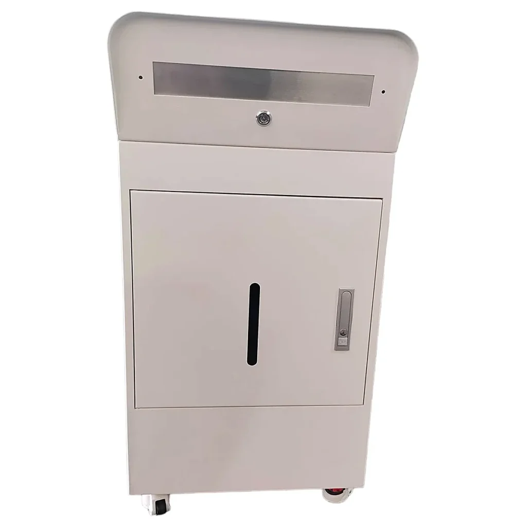 White powder coated steel library circulation desk with locking door and castors, made by Fulei Metal