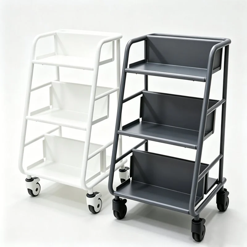 Three-tier library book return cart with sloped shelves and silent castors, made by Fulei Metal