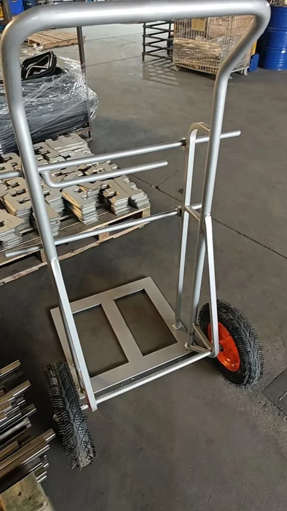 Stainless steel platform hand truck with folding handle and rubber wheels, built in the Fulei Metal workshop