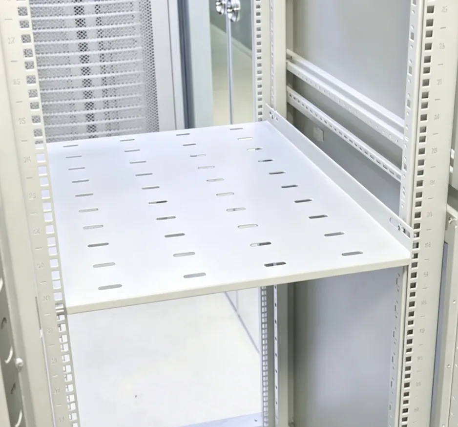 White 19 inch network cabinet internal rack rails and equipment shelf