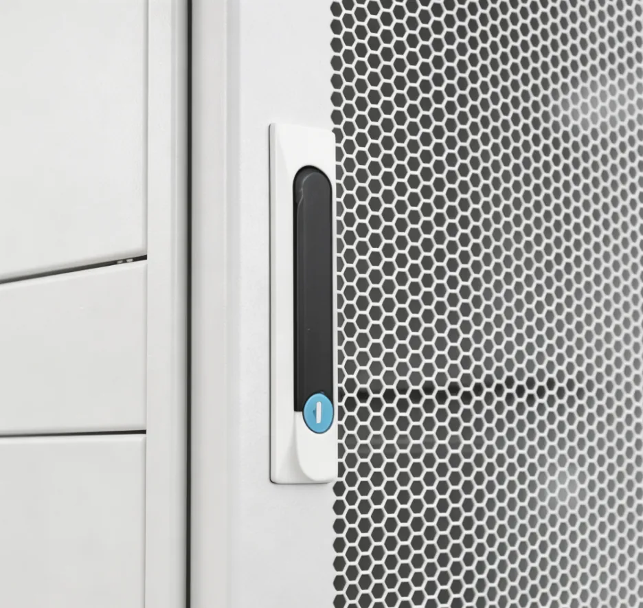 White network cabinet lock handle beside perforated front door