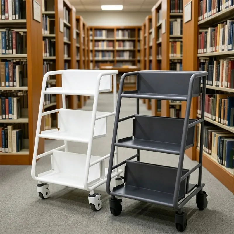 Library book return cart in library setting